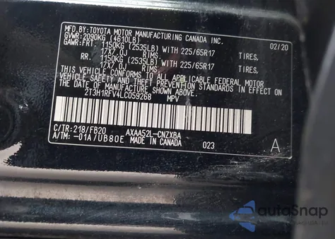 2020 Toyota Rav4 Le z USA, uszkodzony, nr VIN 2T3H1RFV4LC059268